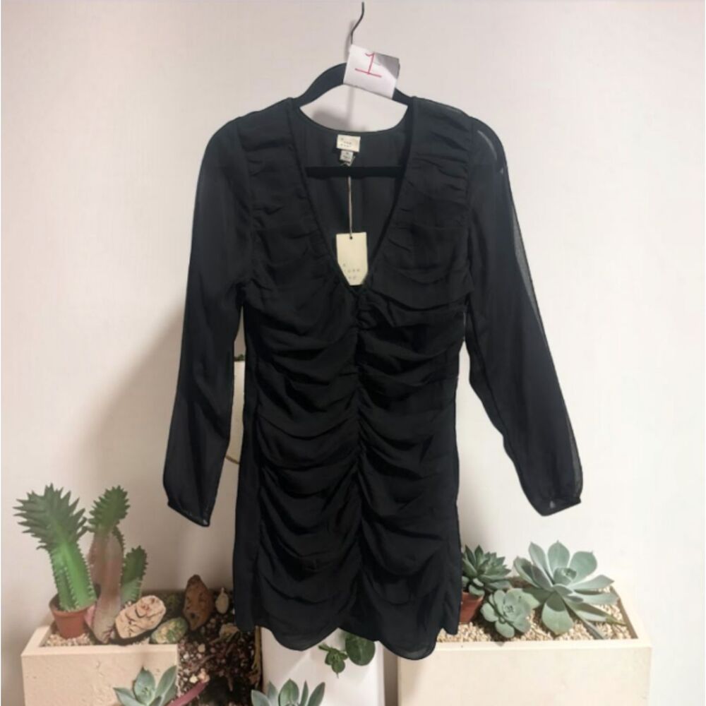 A New Day Black Long Sleeve Ruched Mesh Mini Dress